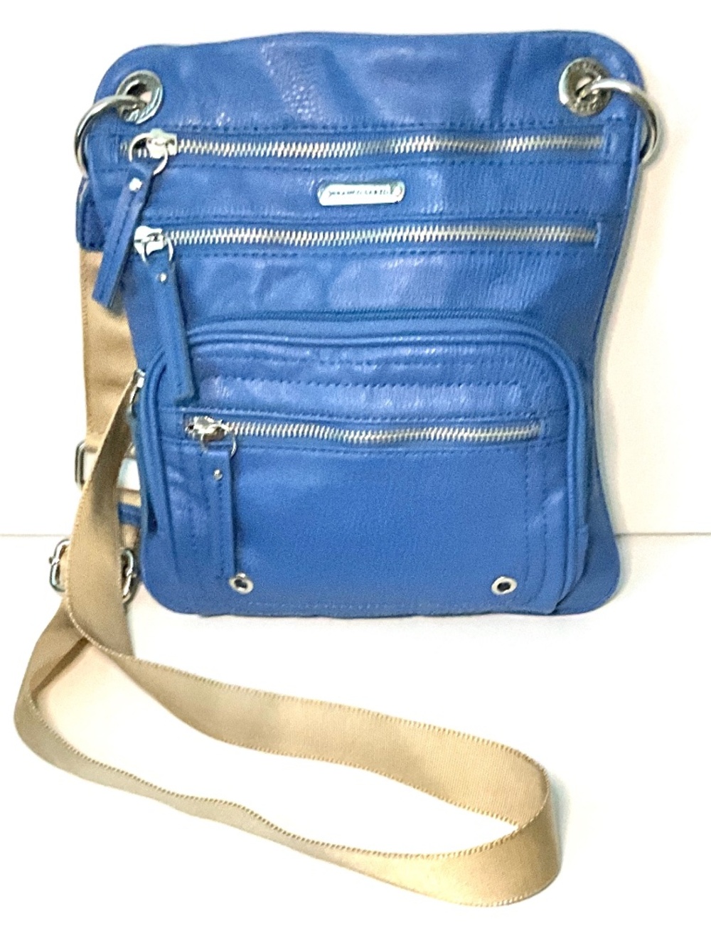 Franco Sarto Periwinkle Blue Crossbody Bag Vegan Multi Zip Grommet Detail